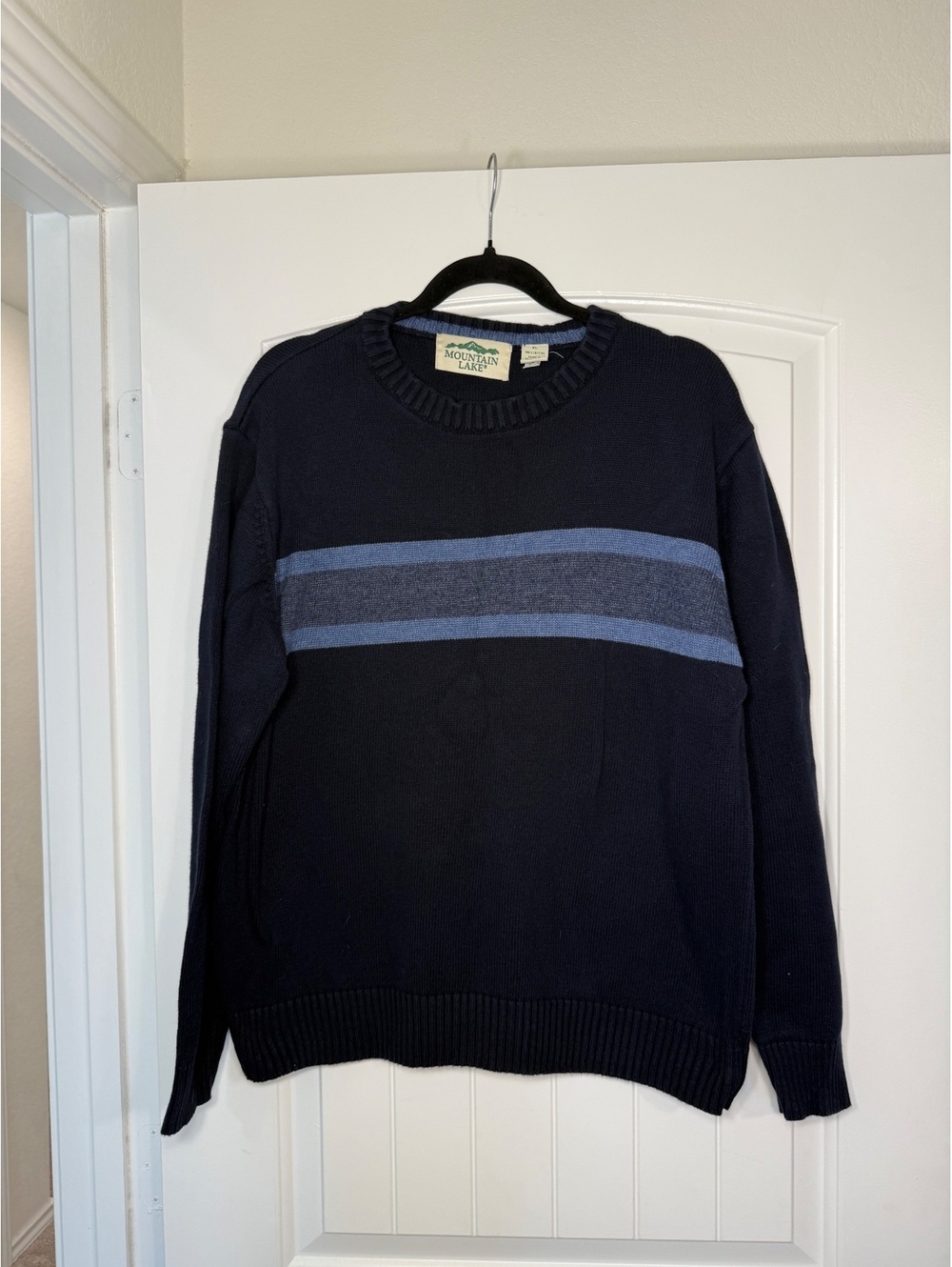 Vintage Mountain Lake Navy Blue Striped Cotton Crewneck Sweater Men’s XL